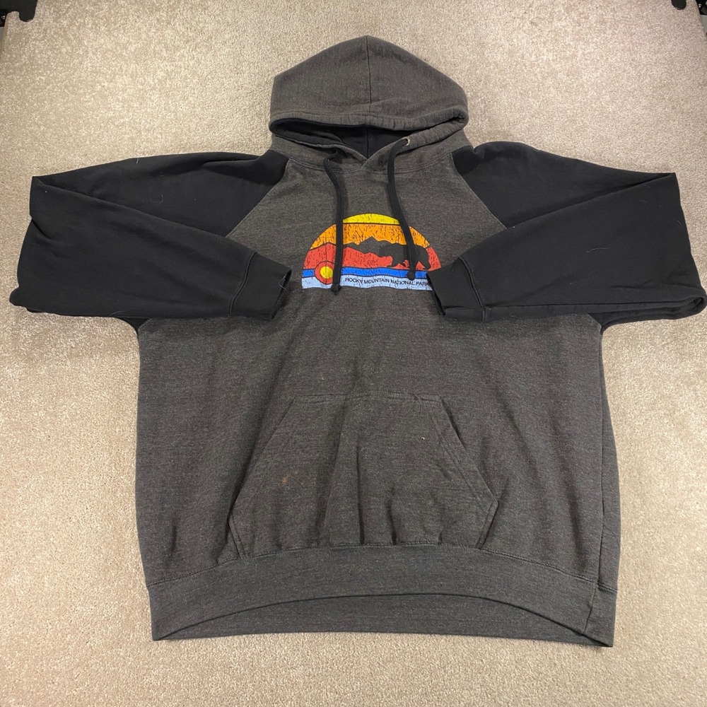 Rocky Mountain Gear Hoodie Mens 2XL Grey Black Raglan National Park Bear Graphic